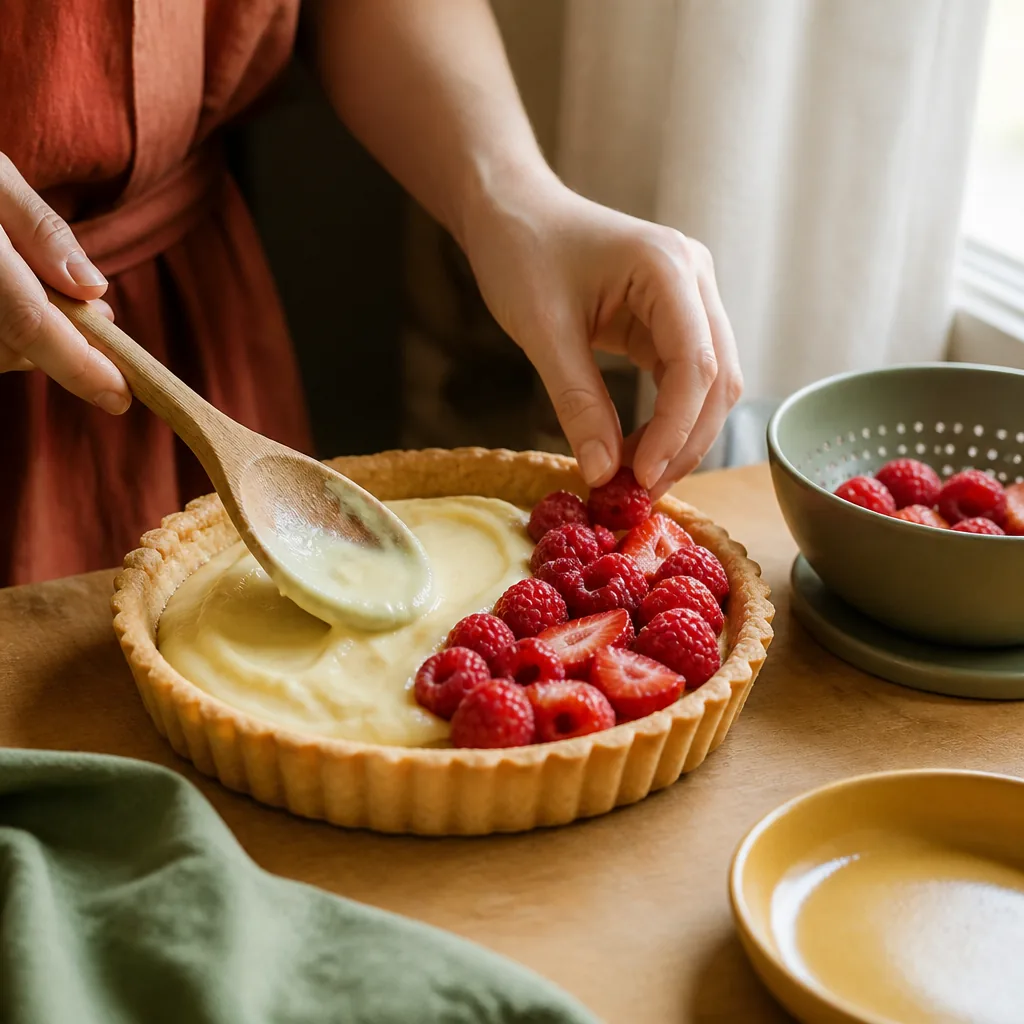 Tarte sablée aux fruits rouges garnie de crème pâtissière vanillée