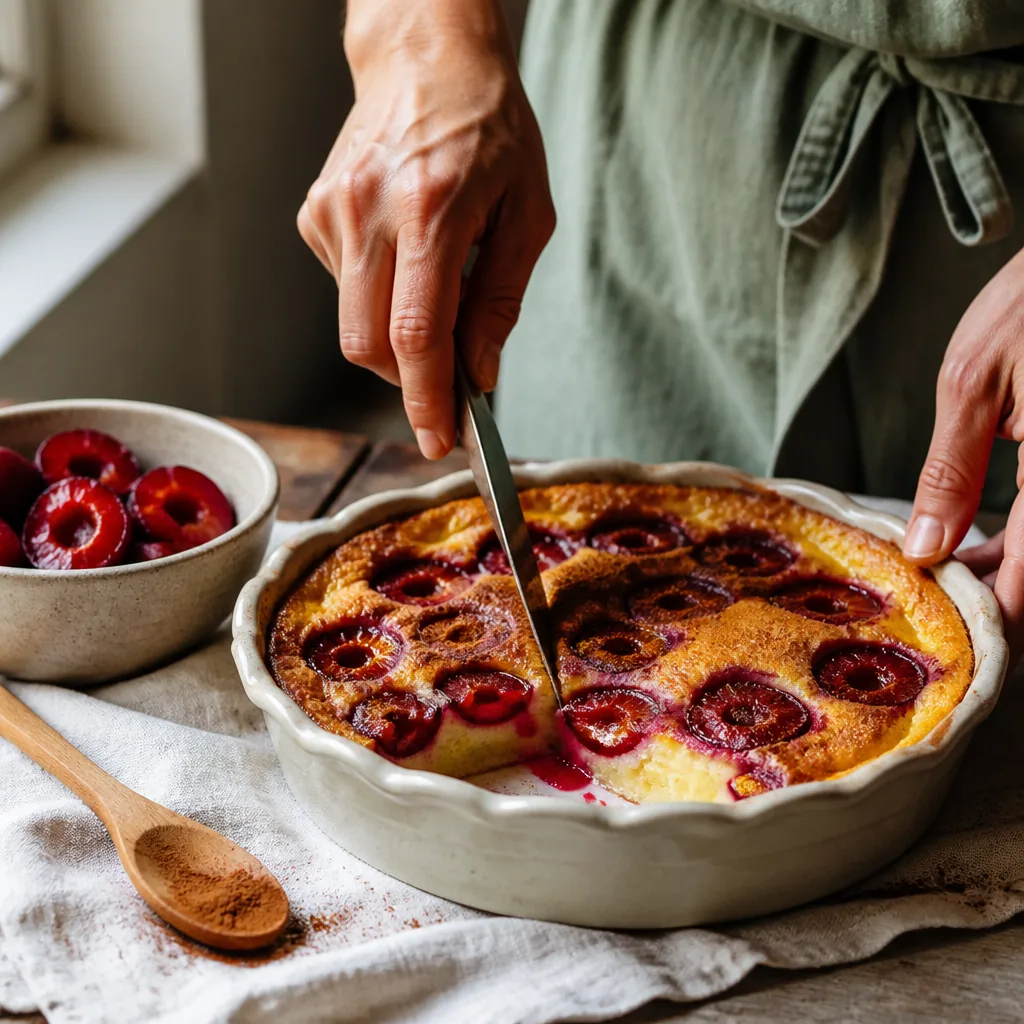 Clafoutis aux prunes saupoudré de cannelle sur une table rustique