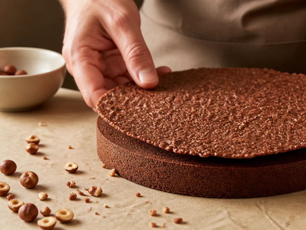 Photorealistic editorial photograph of a hand pressing a thin praline crisp layer onto a round cake base, scattered haze