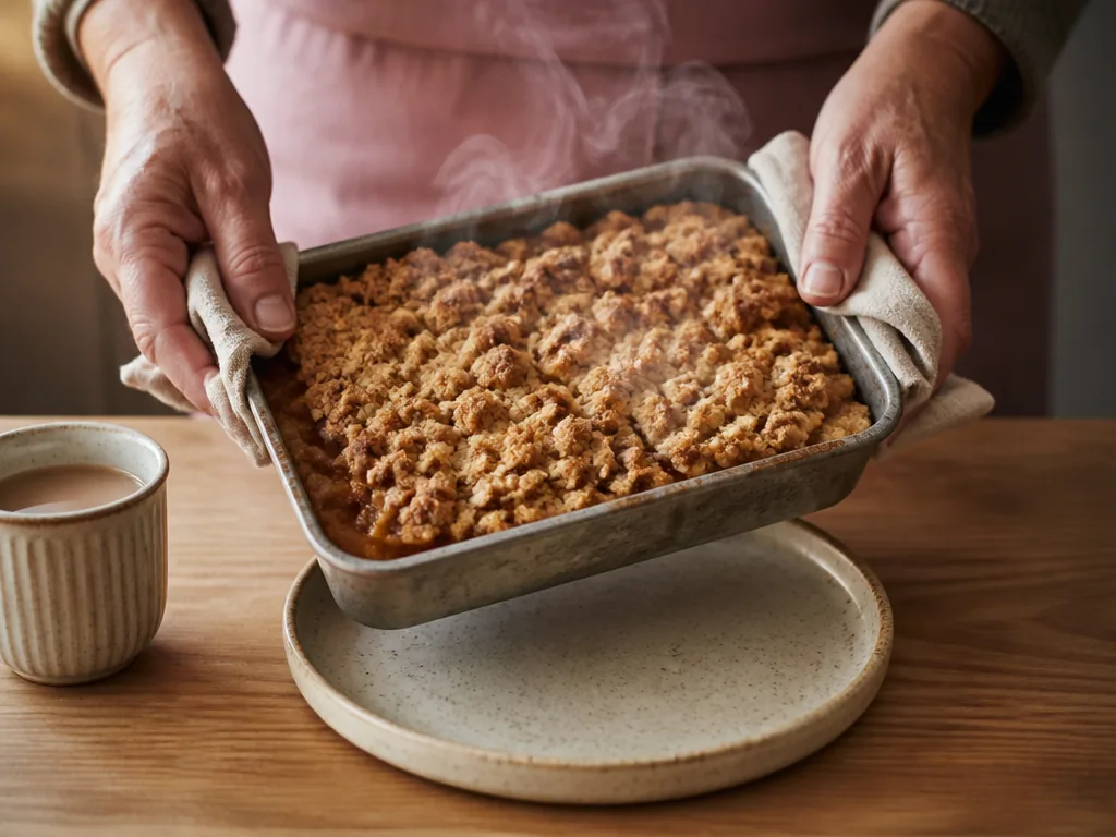 Photorealistic editorial photograph of weathered hands pulling a browned apple crumble from a metal tray, steam rising,
