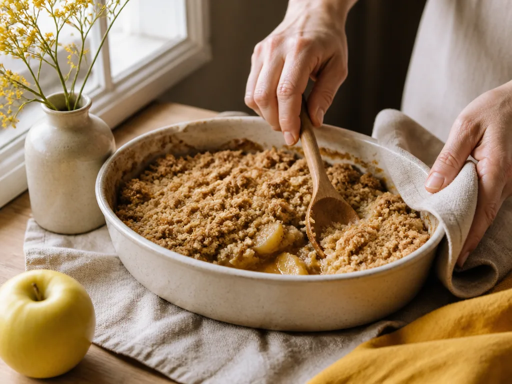 Crumble aux pommes à l'ancienne doré sur table