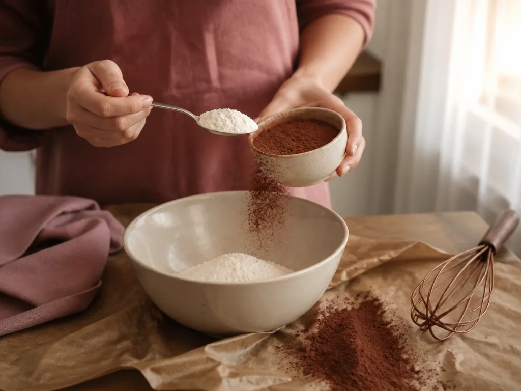 Photorealistic editorial photograph of hands measuring flour and cocoa over a plain stoneware bowl, ingredients scattere