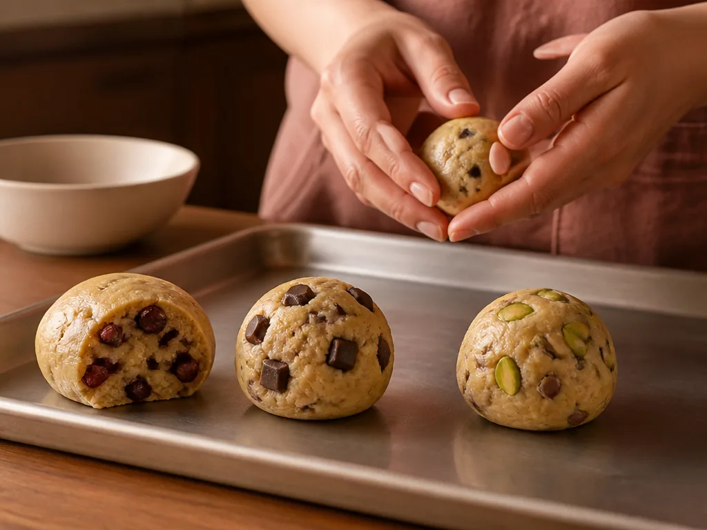 Photorealistic editorial photograph of three cookie dough balls on a metal tray, one cut open showing cranberry, one wit