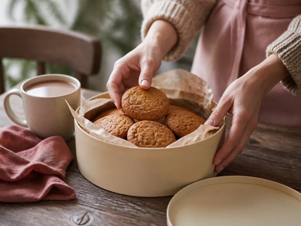 Photorealistic editorial photograph of stacked golden cookies in a plain cream tin with baking paper, hands placing one 