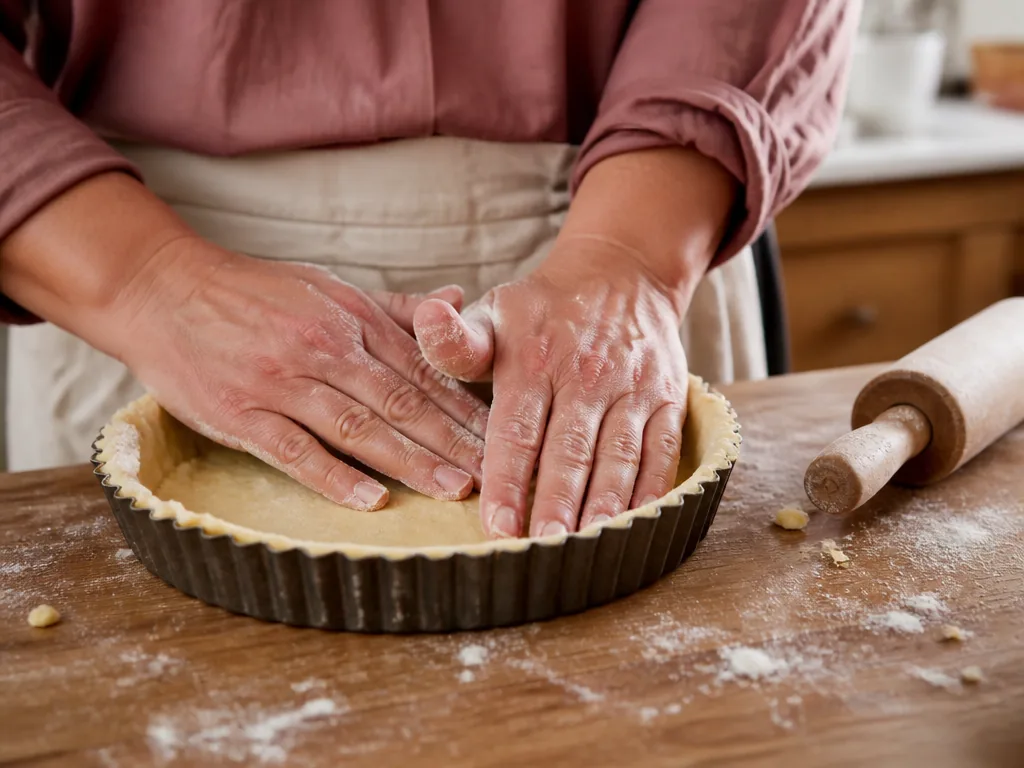 Photorealistic editorial photograph of floured hands pressing chilled dough into a tart tin, visible crumbly texture, ro