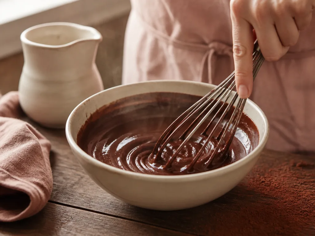 Photorealistic editorial photograph of a whisk blending melted dark chocolate and cream in a plain stoneware bowl, gloss